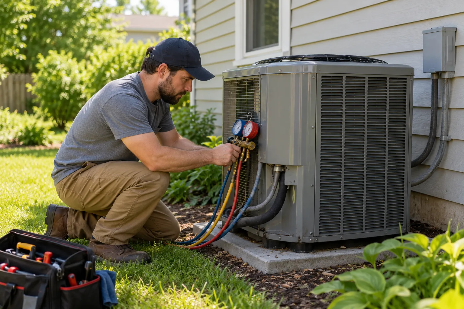 An HVAC provider checking an outdoor AC unit at a home in the Indianapolis city area